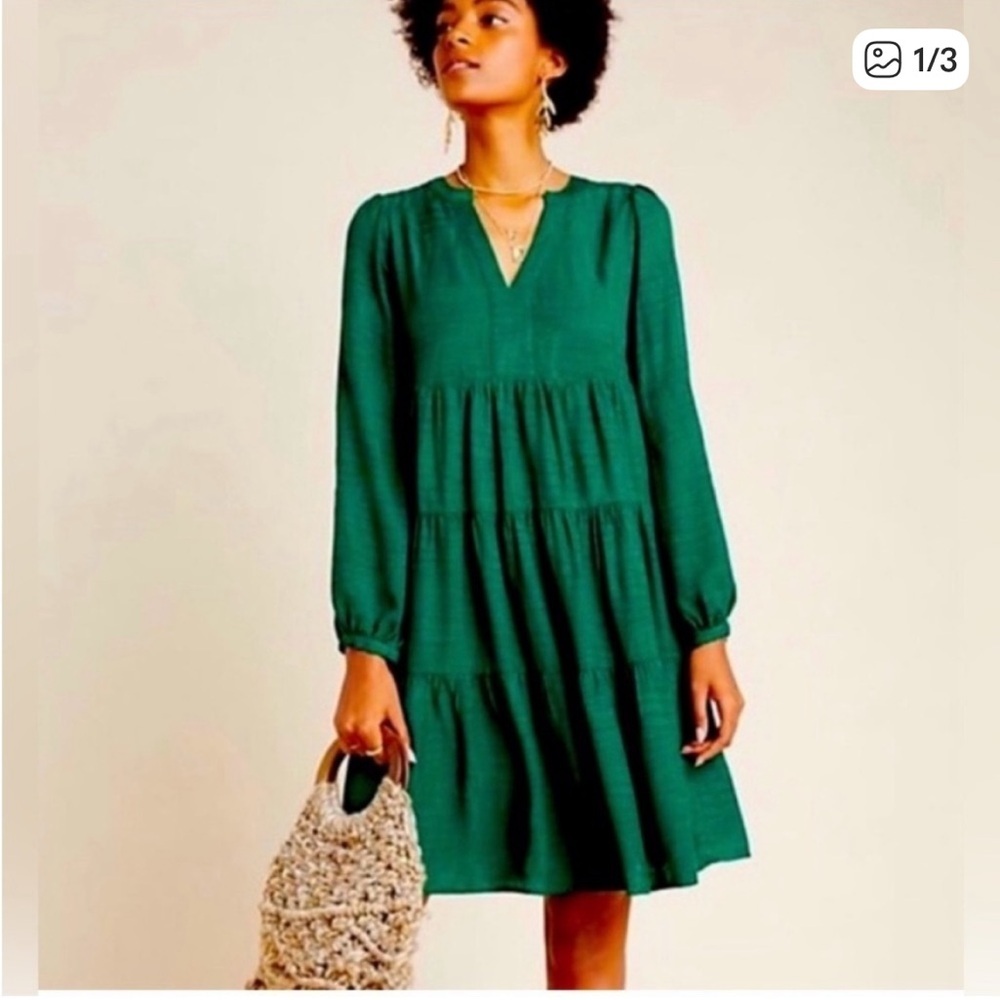 Anthropologie Maeve Hunter Elegant Green Long Sleeve Dress